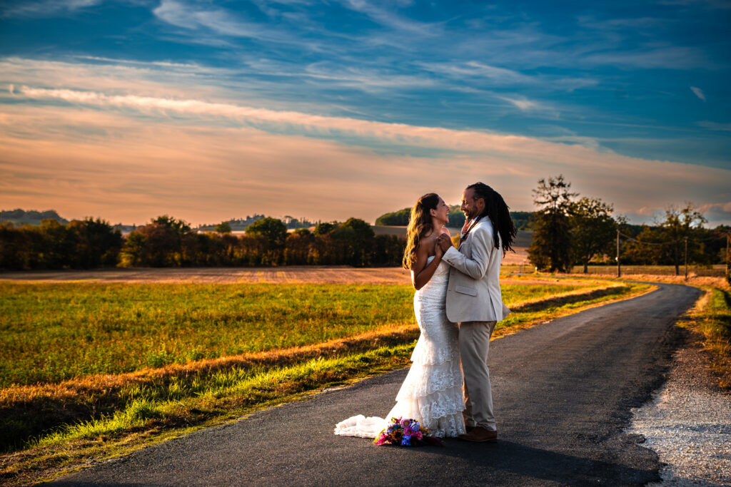 Golden hour wedding day photo in Dordogne, France